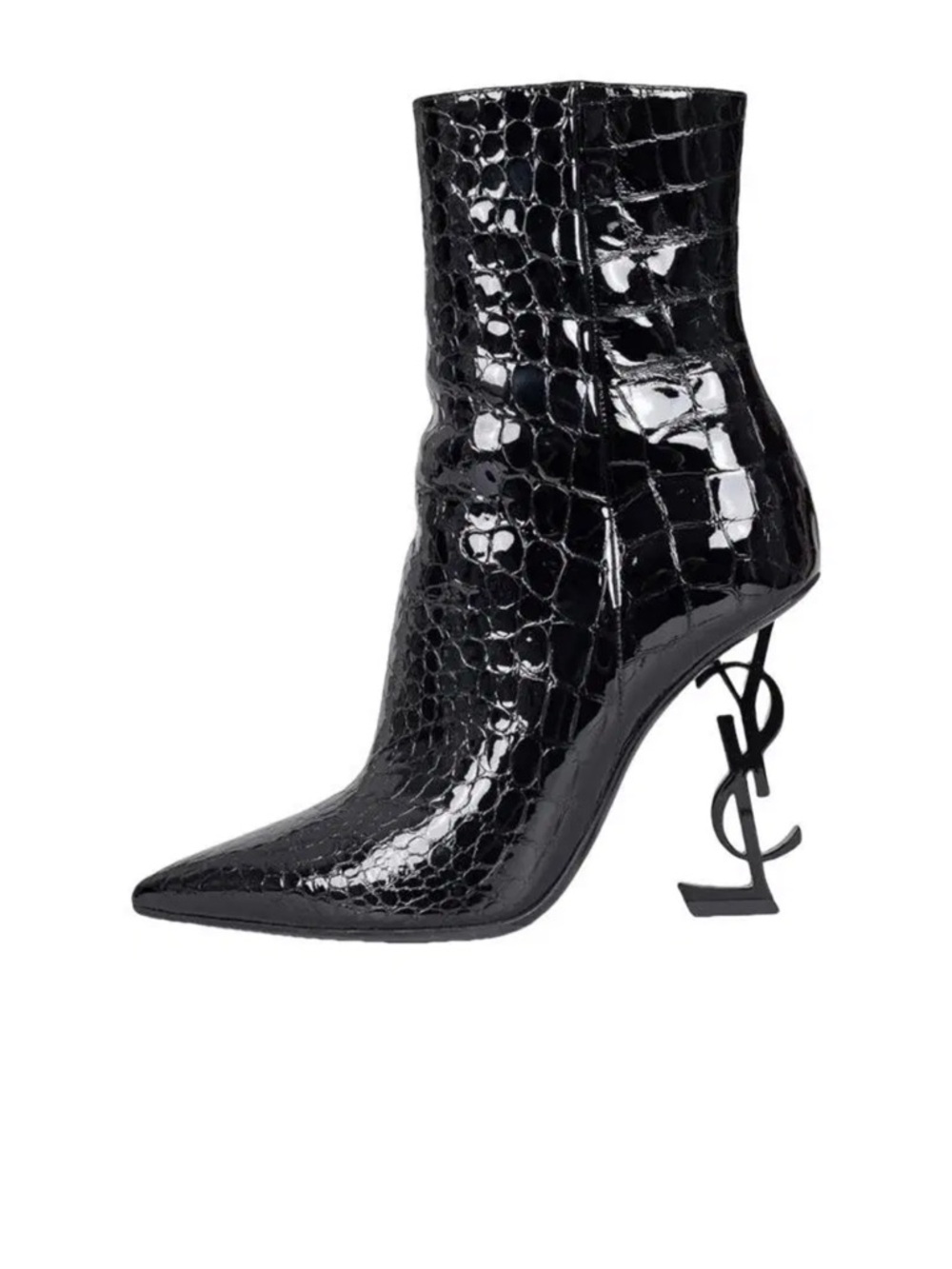 Yves Saint Laurent Black Patent Croc Pointed Ankle Boot with Logo Heel